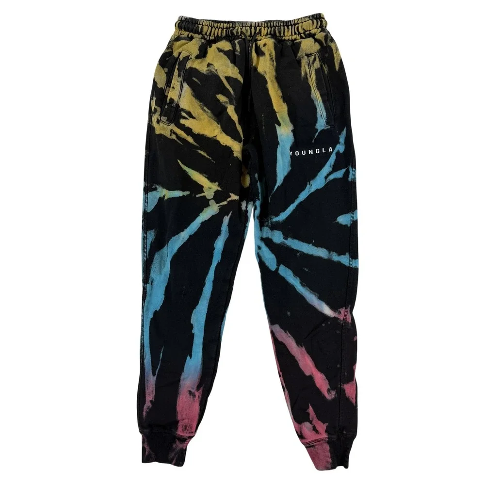 YoungLA Sweatpants Mens Small Black Tie Dye French Terry Jogger Pants Zip Pocket